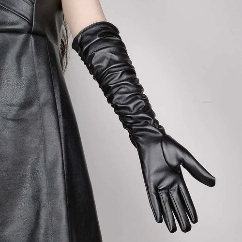 Winter Women PU Leather Pleated Pile Sleeve Touch Screen Gloves Sexy