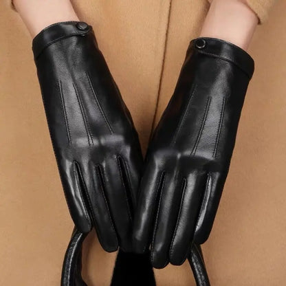 Winter Gloves Women Black PU Leather Cashmere Warm Driving Gloves