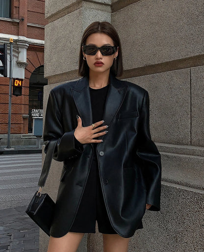 Vintage Black High Quality Leather Loose Blazer Biker Coat Women