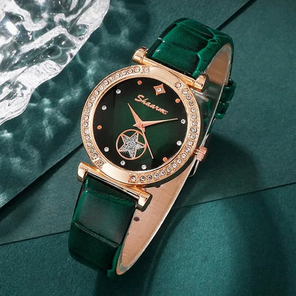 6PCS Set Green Luxury Quartz Watch Women Ring Necklace Earrings