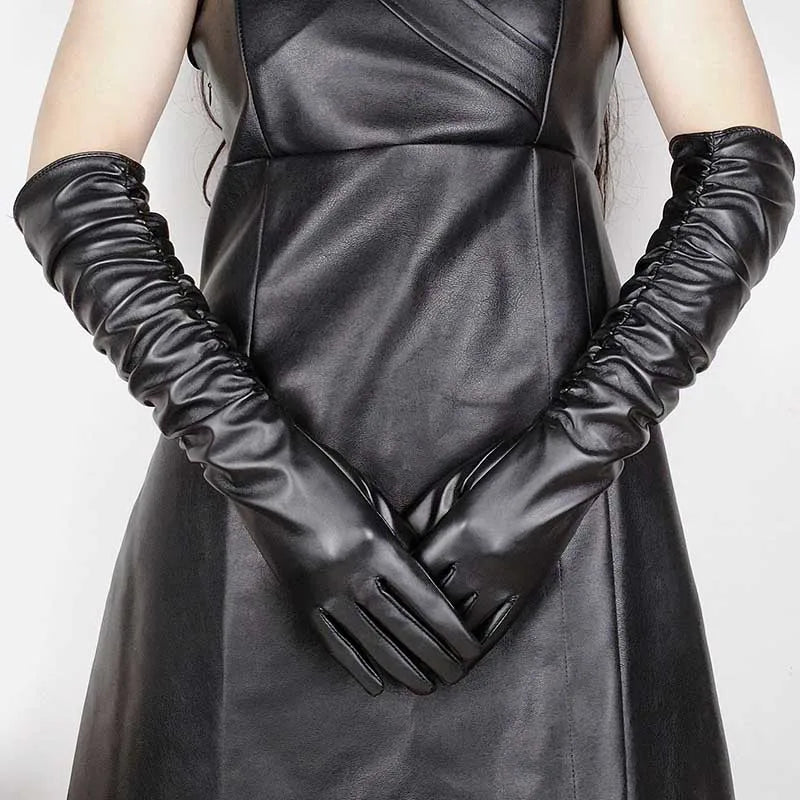 Winter Women PU Leather Pleated Pile Sleeve Touch Screen Gloves Sexy