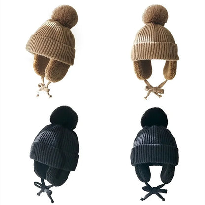 2-8T Baby Hat Big Pompom Beanie with Earflap Wool Plush Children