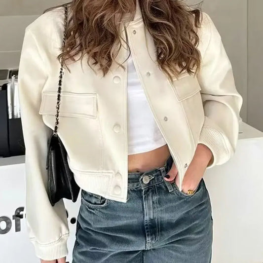 Woman Bomber Jacket Coat White Autumn Winter Button Baseball Jacket