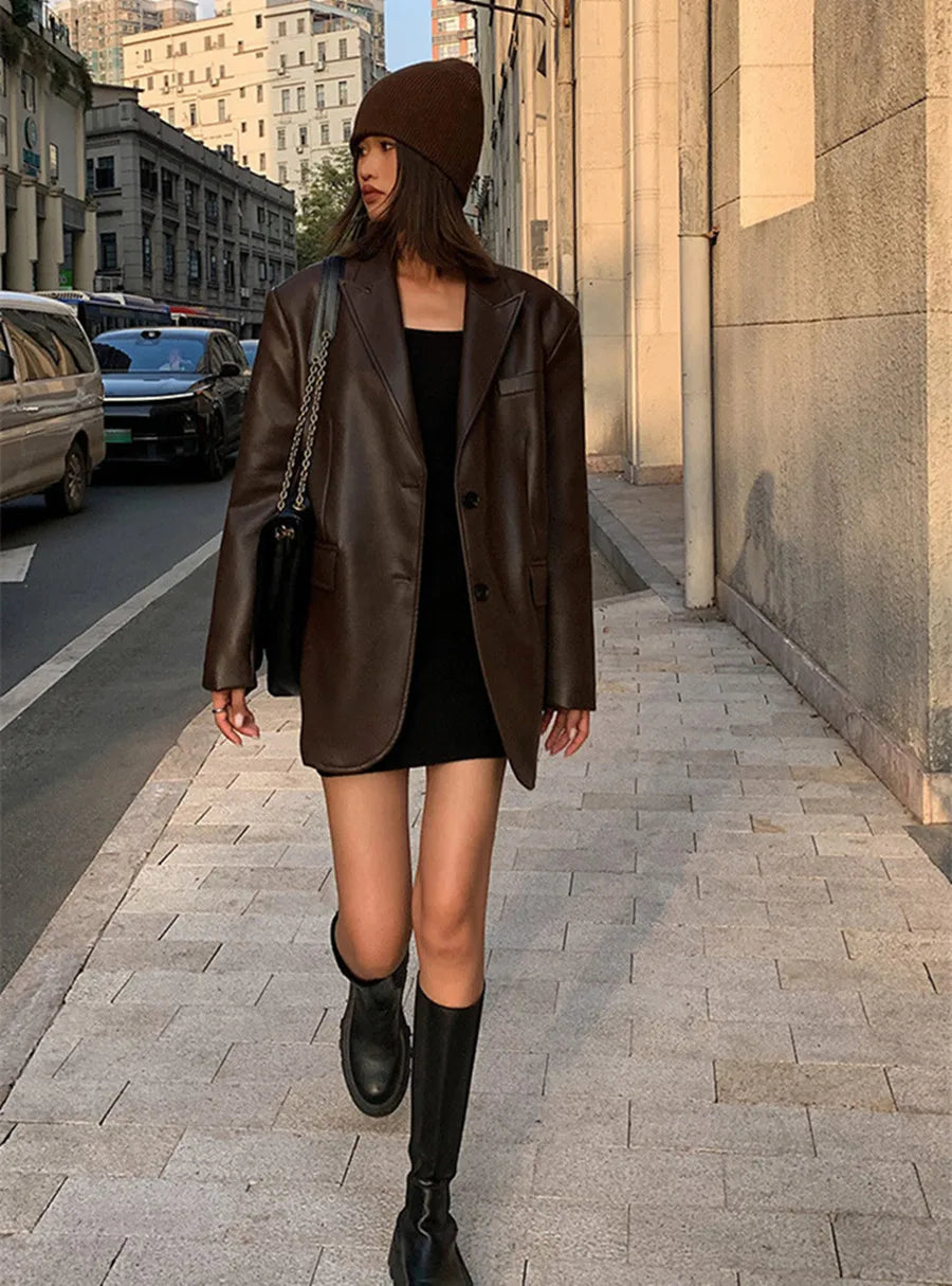 Vintage Black High Quality Leather Loose Blazer Biker Coat Women