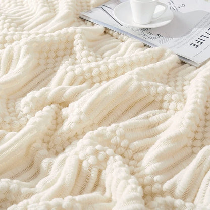 White Boho Throw Blankets Textured Big Knitted Blankets Chunky Vintage