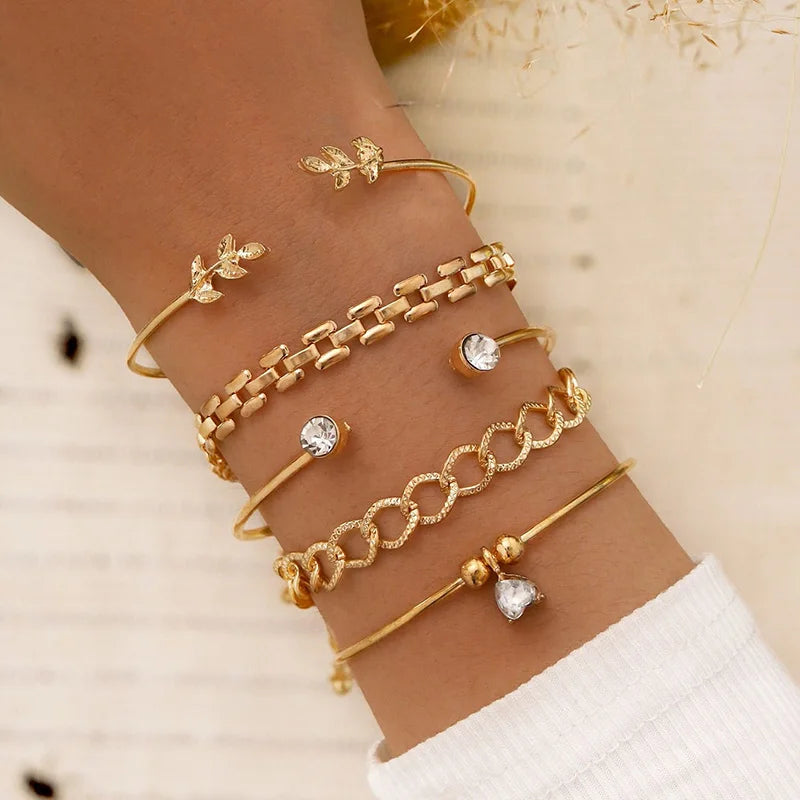 Bohemian Leaves Bracelet Set For Women Gold Silver Color Heart