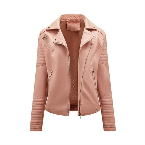 Women Fashon Faux Leather Jacket Zipper Casual Style