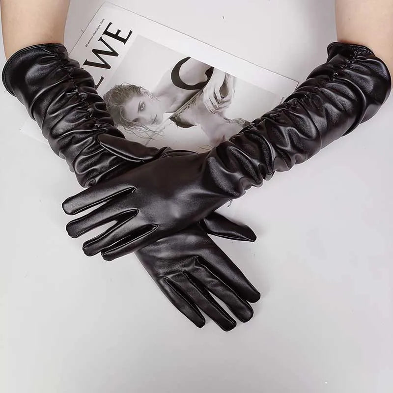 Winter Women PU Leather Pleated Pile Sleeve Touch Screen Gloves Sexy