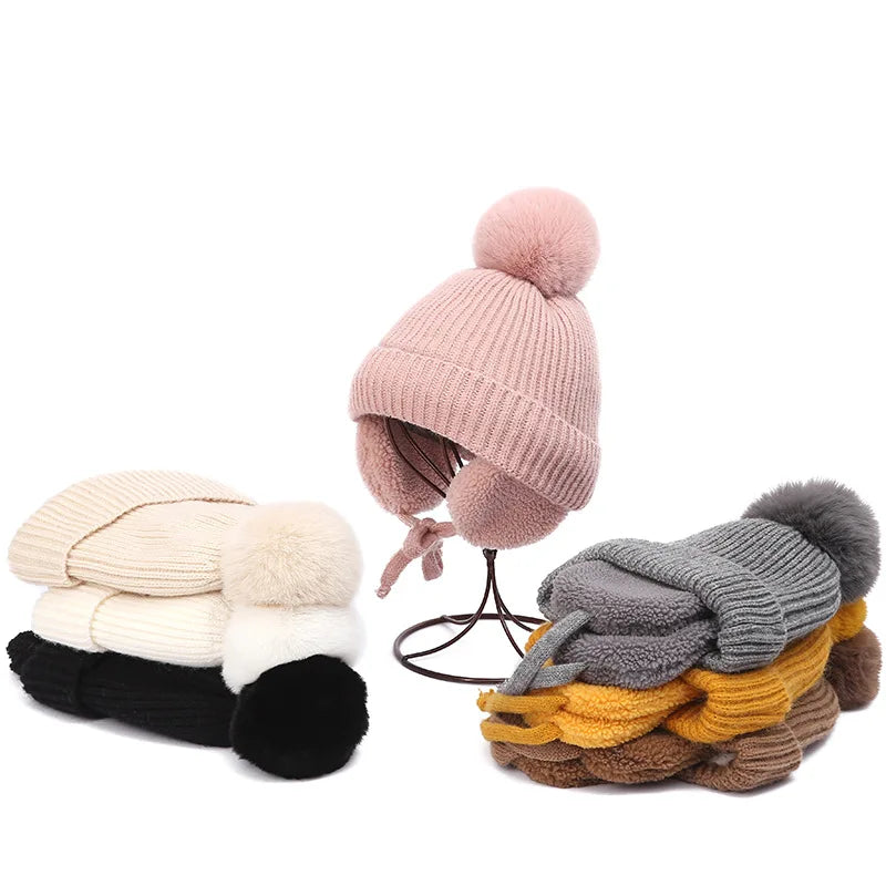 2-8T Baby Hat Big Pompom Beanie with Earflap Wool Plush Children