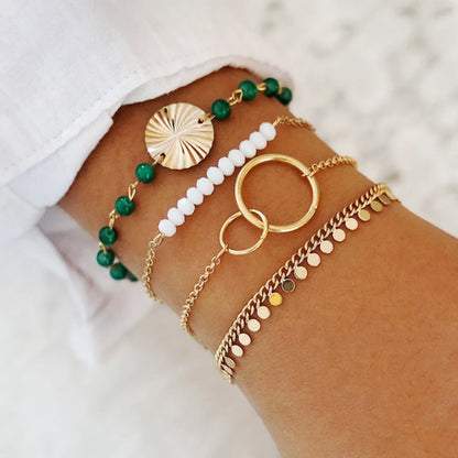 Bohemia Gold Color Leaves Bracelet Set For Women White Beads Round