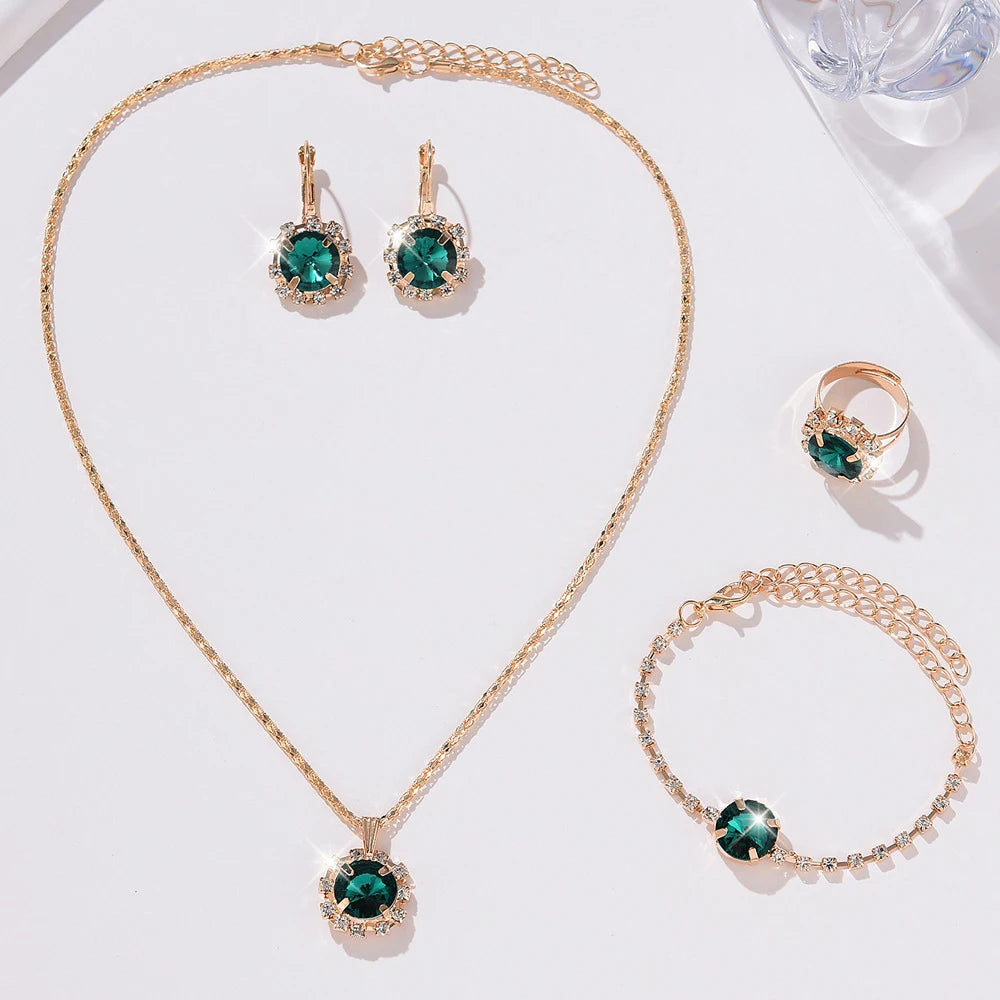 5 Piece Women Fashionable Green Crystal Necklace Earrings Set