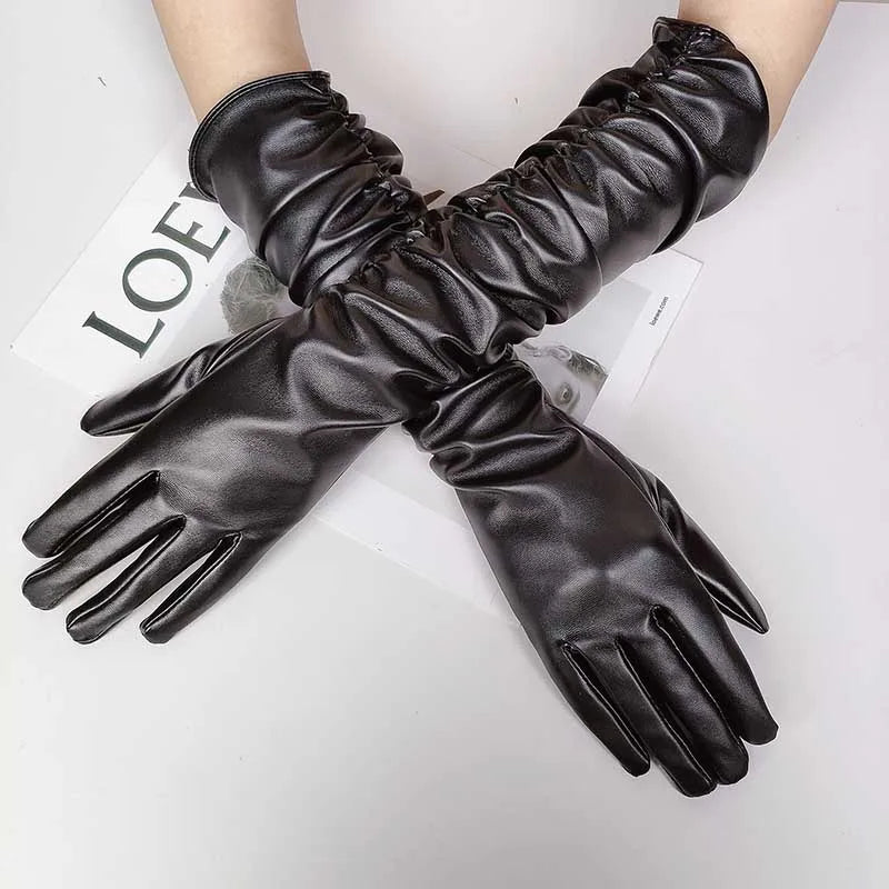 Winter Women PU Leather Pleated Pile Sleeve Touch Screen Gloves Sexy