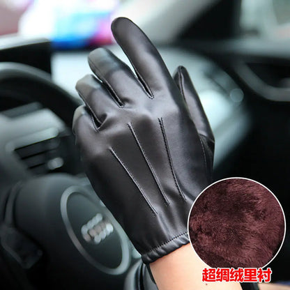 Winter Gloves Women Black PU Leather Cashmere Warm Driving Gloves