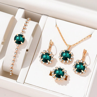 5 Piece Women Fashionable Green Crystal Necklace Earrings Set