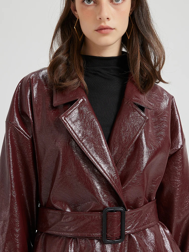 Lautaro Spring Autumn Extra Long Burgundy Pu Leather Trench Coat for