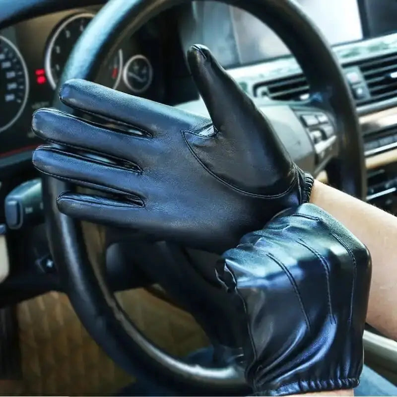 Winter Gloves Women Black PU Leather Cashmere Warm Driving Gloves