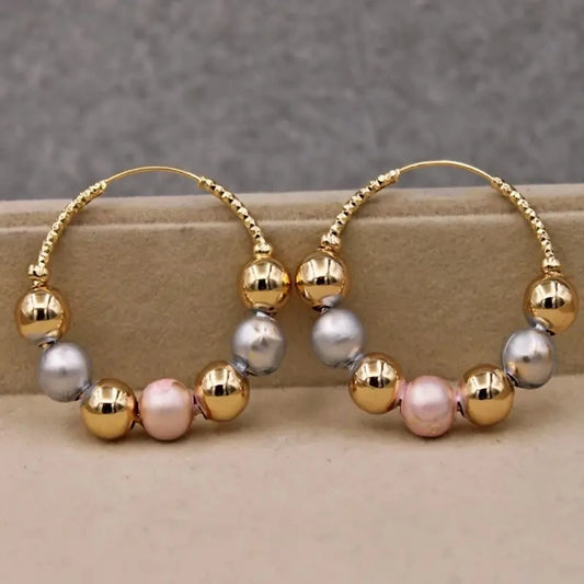 Classical Fashion Charm Women Gold Color Ball Bead Hoop Earrings