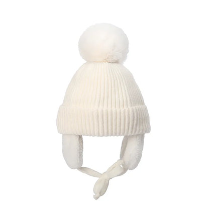 2-8T Baby Hat Big Pompom Beanie with Earflap Wool Plush Children