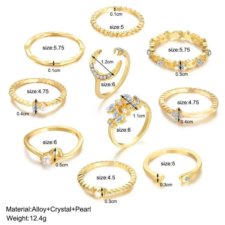 10 Pcs Rings Suit For Women Gold-color Chain Ring Set Bohemian Style