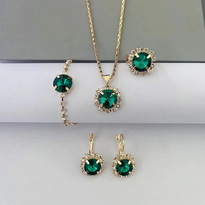 5 Piece Women Fashionable Green Crystal Necklace Earrings Set