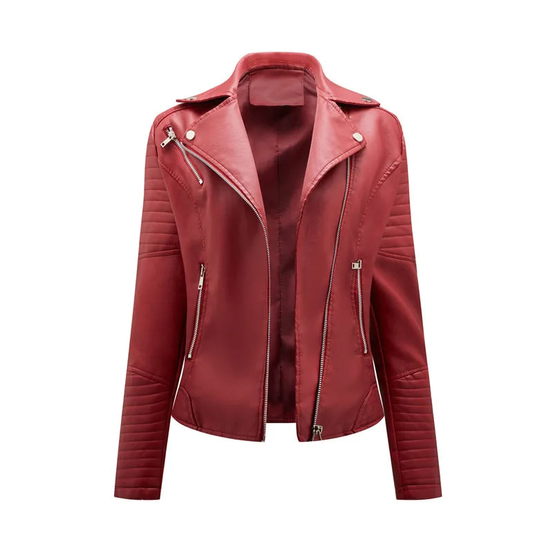 Women Fashon Faux Leather Jacket Zipper Casual Style