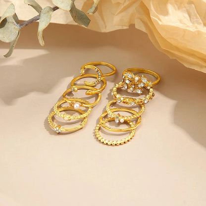 10 Pcs Rings Suit For Women Gold-color Chain Ring Set Bohemian Style