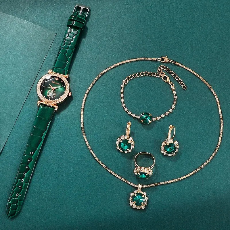 6PCS Set Green Luxury Quartz Watch Women Ring Necklace Earrings