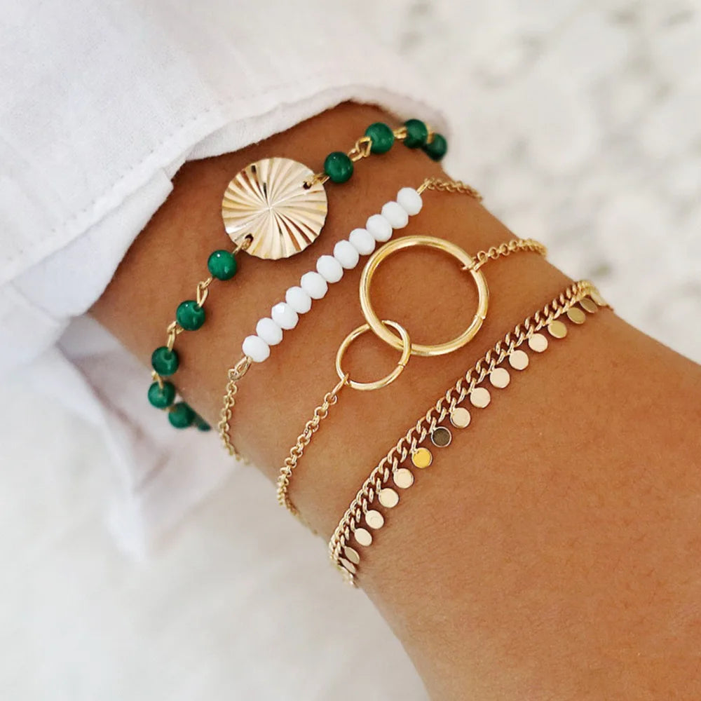 Bohemia Gold Color Leaves Bracelet Set For Women White Beads Round