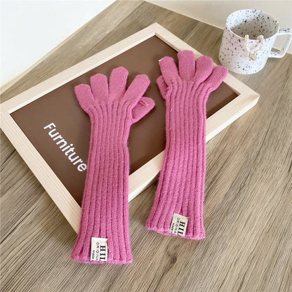 Women's Solid Color Knitted Lengthened Gloves