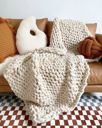 Handmade Beige Chunky Fluffy Knit Throw Blanket - Cozy and Soft