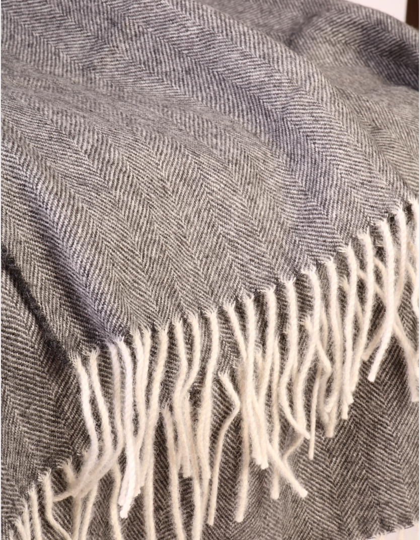 Alpaca wool herringbone patterned grey plaid throw blanket