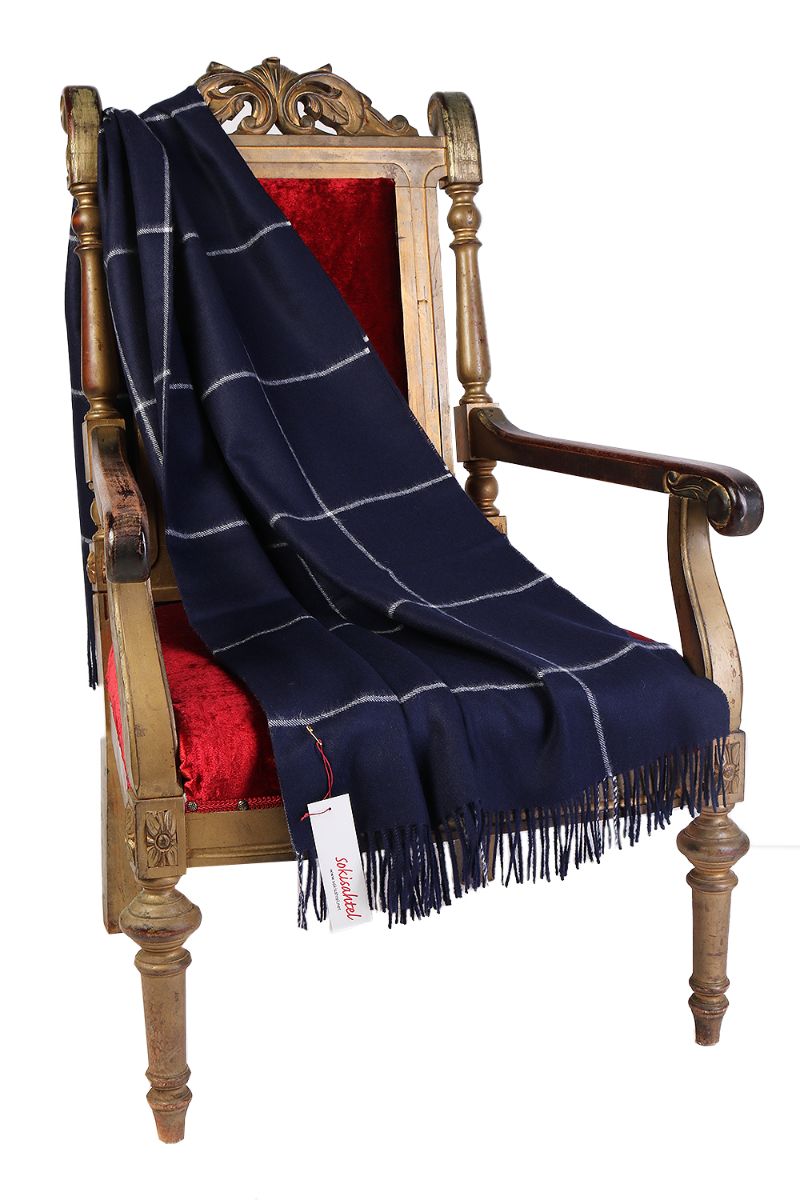 Alpaca Wool dark blue checkered plaid throw blanket