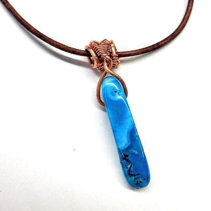 Wire Wrapped Pointed Turquoise Agate Leather Necklace for Him and Her